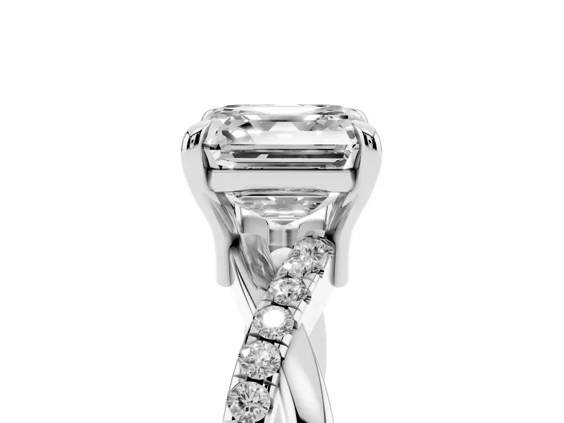 Asscher Cut Diamond Twist Band Solitaire Set in Silver with Pavé Accents and Prong Setting