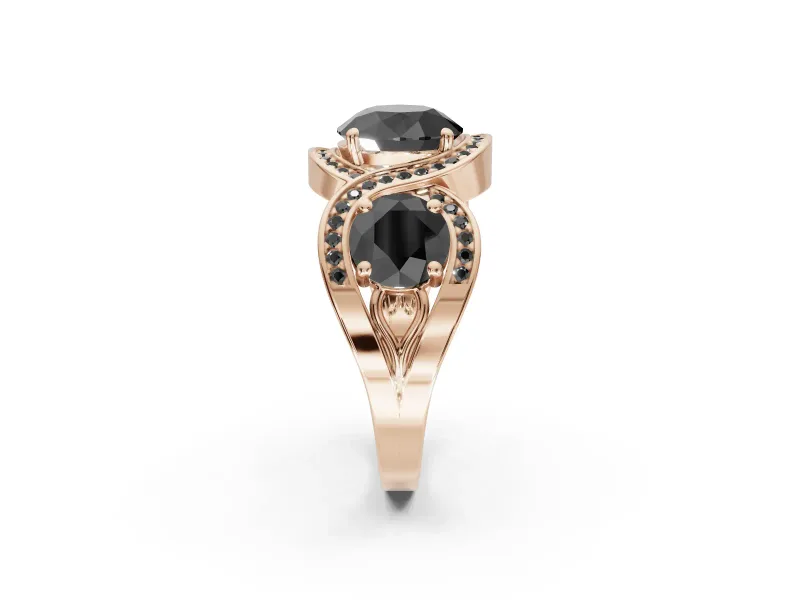 Round Three Stone Halo Engagement Ring Setting for a Black Center | Pavé Wave Band | Rose Gold