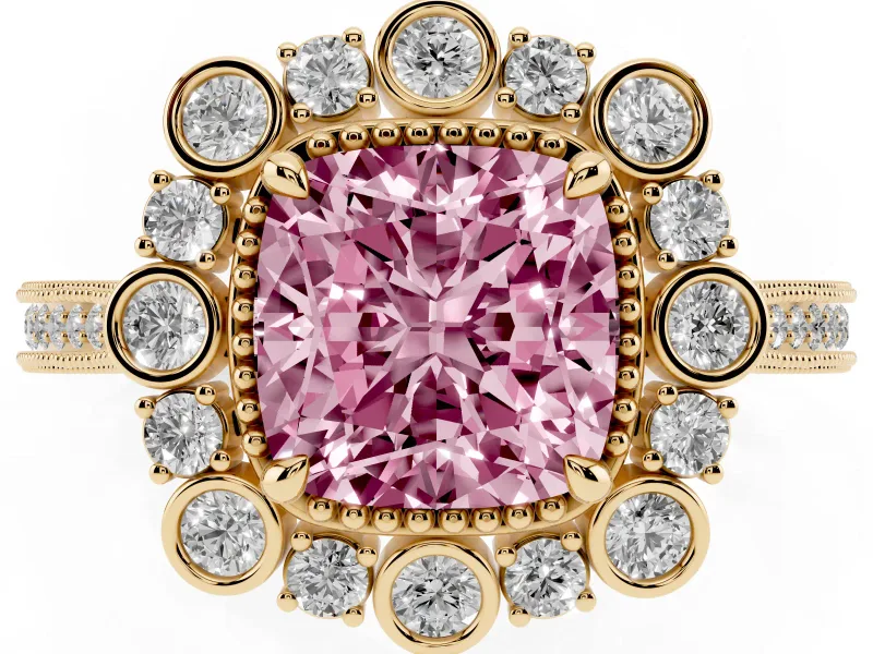 Fancy Pink Cushion Cut Diamond Halo Milgrain Pavé Ring Set in Yellow gold with Prong Setting