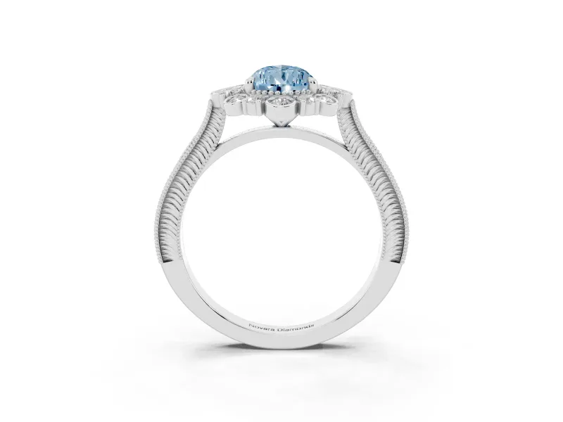 Pear-Shaped Scalloped Halo Engagement Ring Setting for a Fancy Blue Lab-Grown Diamond | Milgrain Edges | White Gold