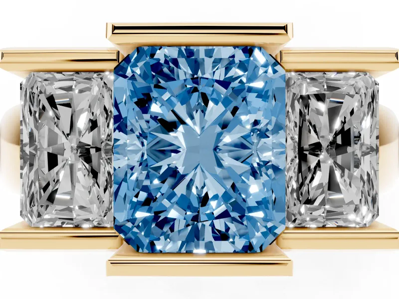 Radiant Cut Channel-Set Three Stone Engagement Ring Setting for a Fancy Blue Lab-Grown Diamond | Yellow Gold