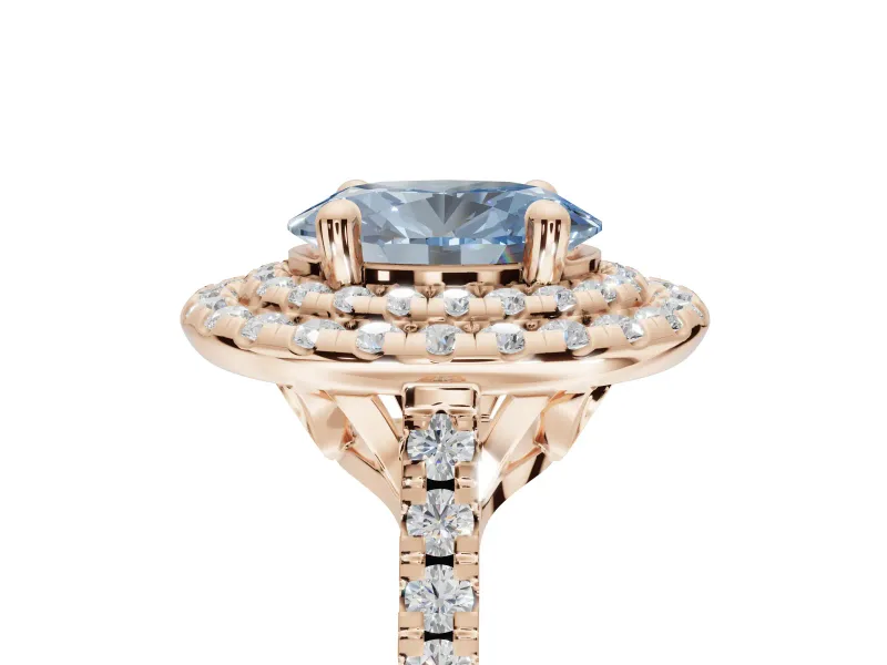 Oval Double Halo Engagement Ring Setting for a Fancy Blue Lab-Grown Diamond | Pave Shoulders | Rose Gold