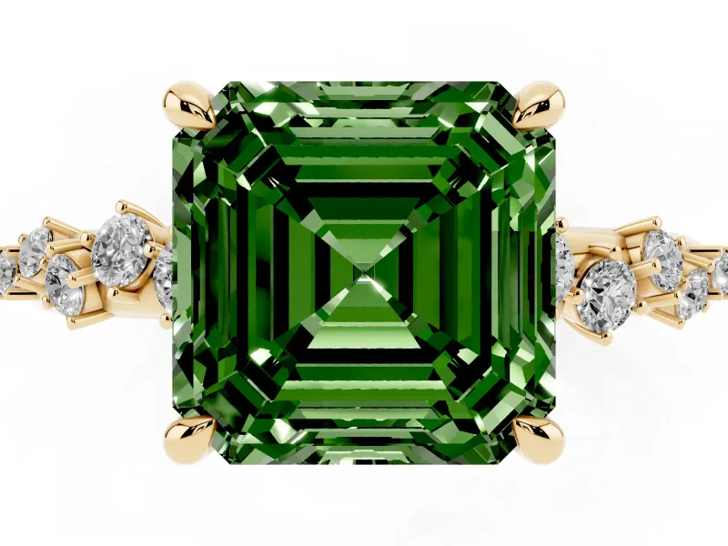 Asscher Cut Graduated Engagement Ring Setting for a Fancy Green Lab-Grown Diamond | Yellow Gold