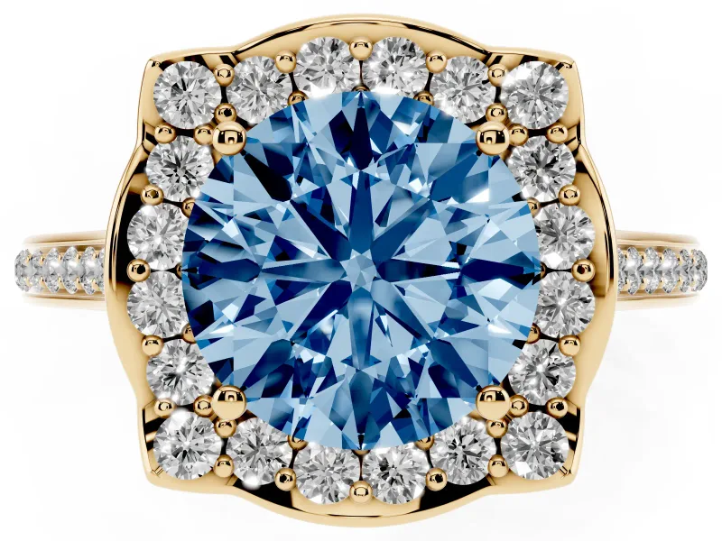 Round Halo Engagement Ring Setting for a Fancy Blue Lab-Grown Diamond | Petal Tips | Yellow Gold