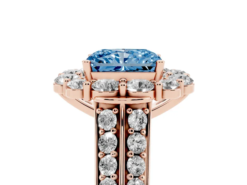 Fancy Blue Radiant Cut Diamond Halo Engagement Ring Set in Rose gold with Split Shank and Prong Setting