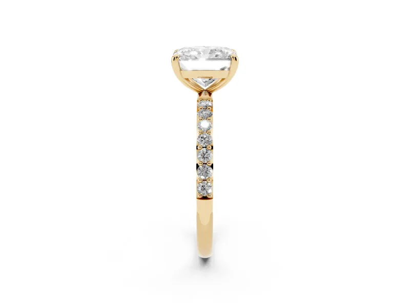 Radiant Cut Diamond Solitaire Ring Set in Yellow gold with Round Pavé Band and Prong Setting