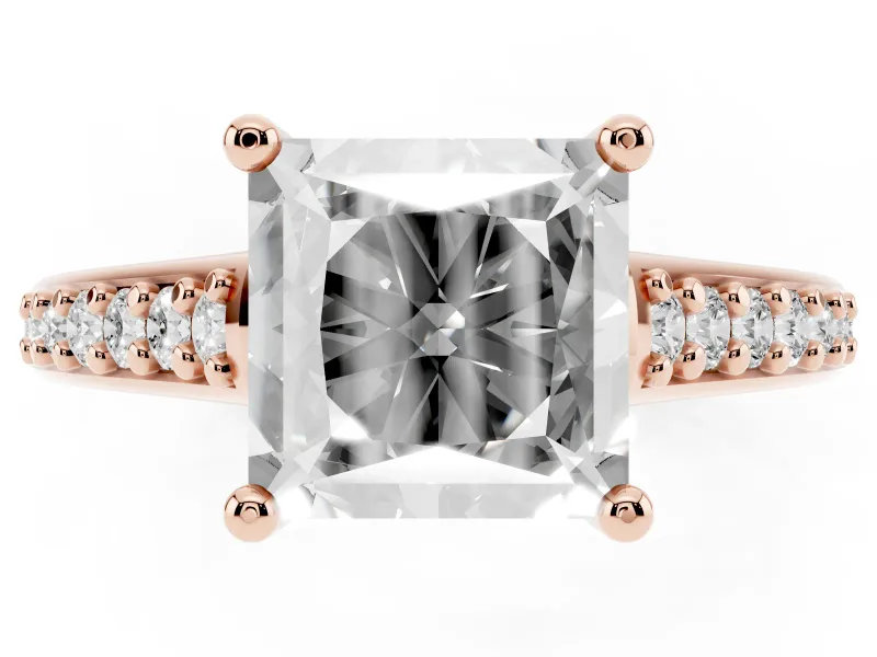 Princess Cut Graduated Pave Cathedral Engagement Ring Setting | Scroll Cut-Outs | Rose Gold