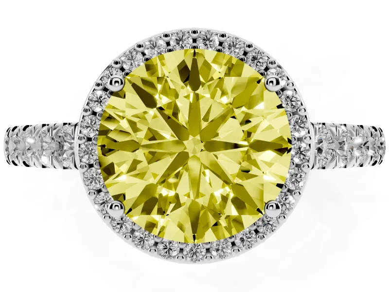 Fancy Yellow Round Cut Diamond Halo Engagement Ring Set in Silver with Pavé Band and Prong Setting