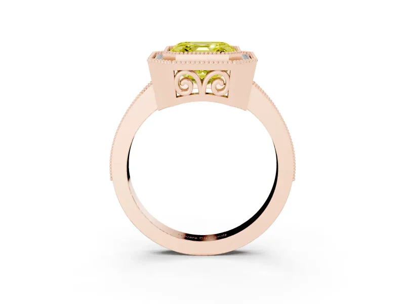 Fancy Yellow Asscher Cut Diamond Halo Ring Set in Rose gold with Pavé Band and Milgrain-Edged Prongs