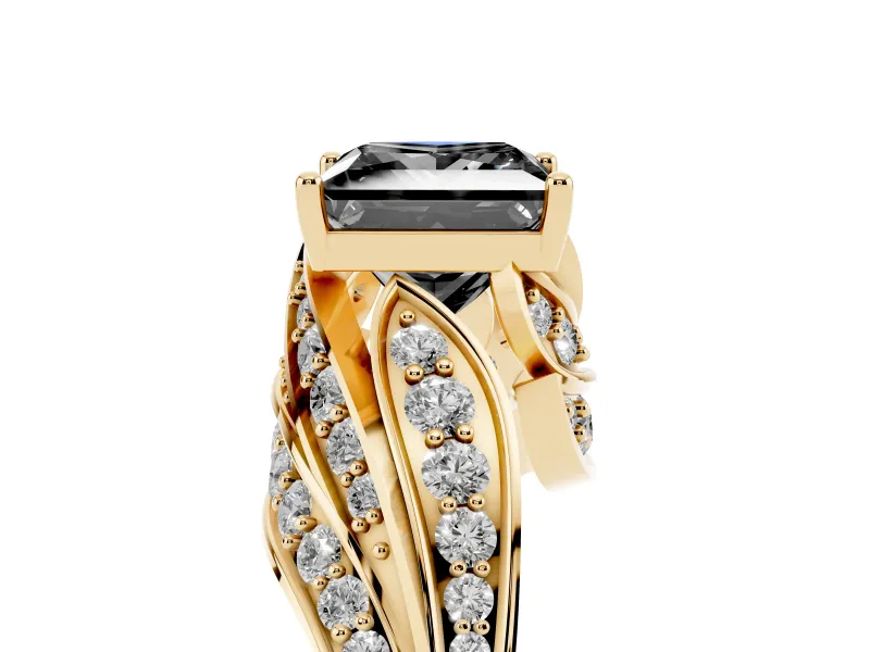 Fancy Black Princess Cut Diamond Solitaire Ring Set in Yellow gold with Layered Twist Pavé Band