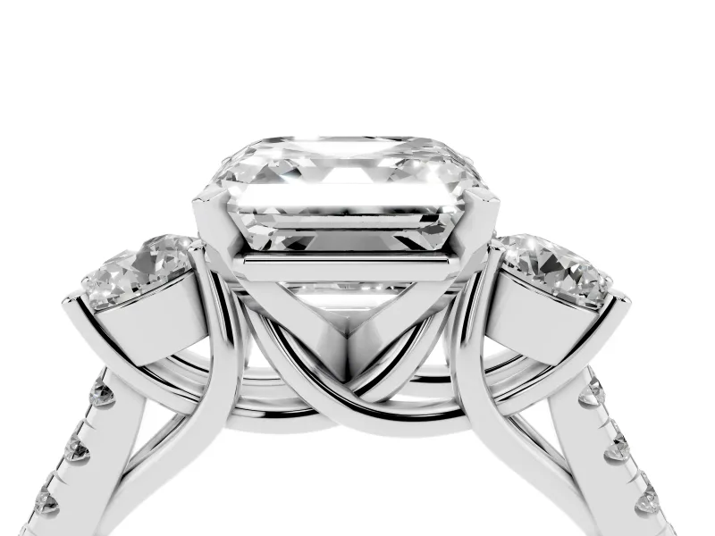 Three-Stone Asscher Cut Diamond Pavé Band Ring Set in White gold with Prong-Set Trio