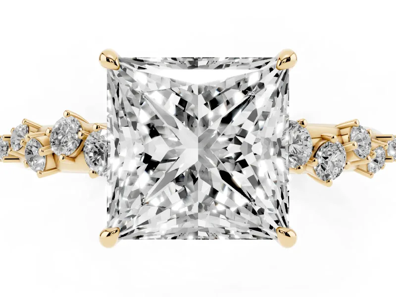 Princess Cut Diamond Cluster Solitaire Ring Set in Yellow gold with Prong Setting
