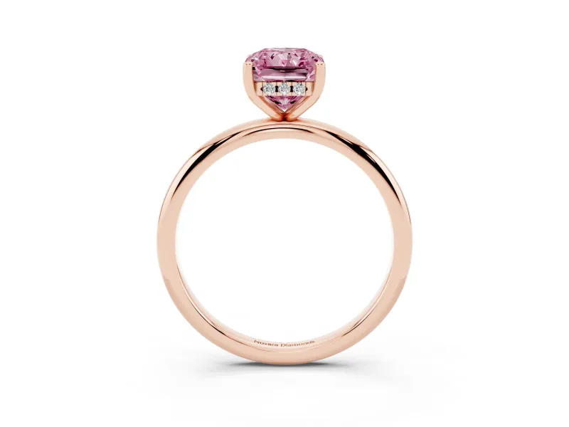 Fancy Pink Radiant Cut Diamond Solitaire Engagement Ring Set in Rose gold with Prong Setting and Polished Band
