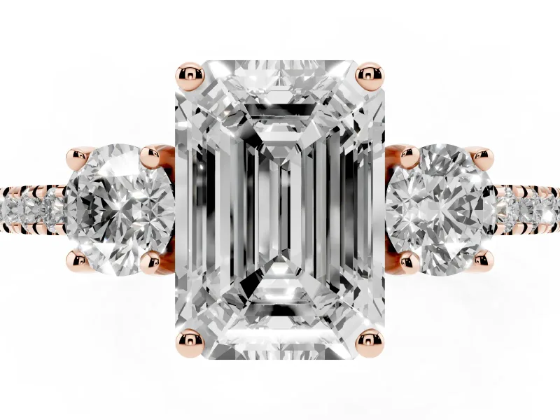 Emerald Cut Three Stone Engagement Ring Setting | Pave Shoulders | Rose Gold