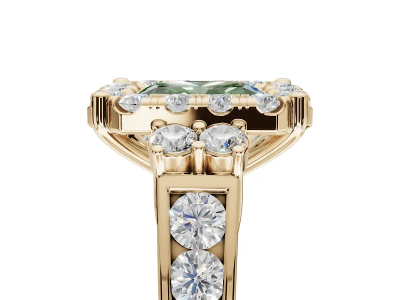 Radiant Cut Halo Engagement Ring Setting for a Fancy Green Lab-Grown Diamond | Graduated Channel Band | Yellow Gold