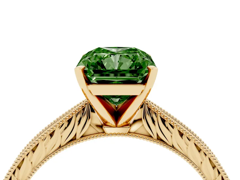 Fancy Green Radiant Cut Diamond Solitaire Milgrain Engraved Band Set in Yellow gold with Prong Setting