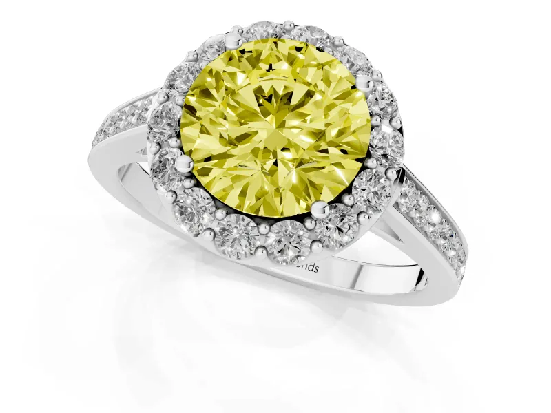 Fancy Yellow Round Cut Diamond Floral Halo Ring Set in Platinum with Pavé Band and Prong Setting