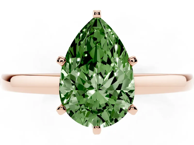 Fancy Green Pear Cut Diamond Solitaire Engagement Ring Set in Rose gold with Prong Setting on a Classic Band