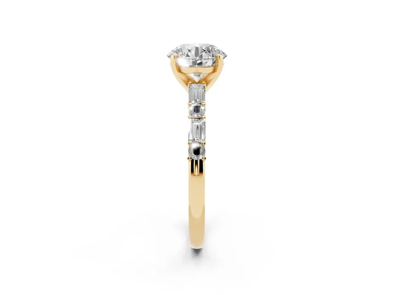 Round Cut Diamond Solitaire Set in Yellow gold with Side Baguettes and Channel Set Band