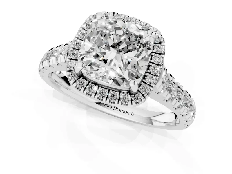 Cushion Cut Halo Engagement Ring Setting | Shared Prong Shoulders | Sterling Silver