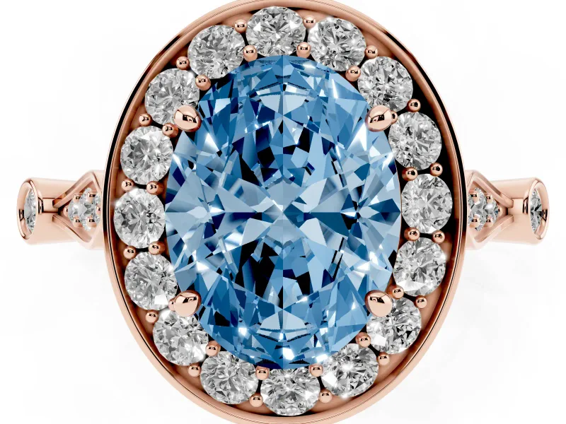 Oval Halo Engagement Ring Setting for a Fancy Blue Lab-Grown Diamond | Bezel Stations | Rose Gold