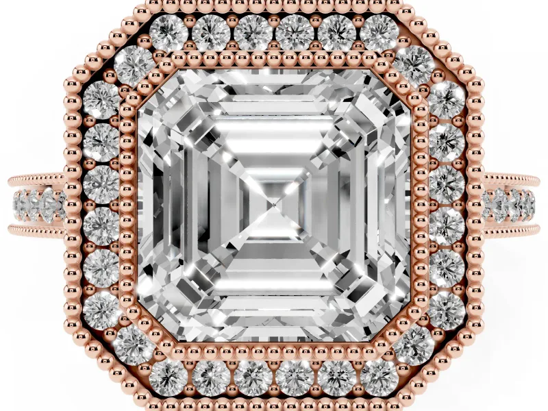 Asscher Cut Diamond Halo Ring Set in Rose gold with Pavé Band and Milgrain-Edged Prongs