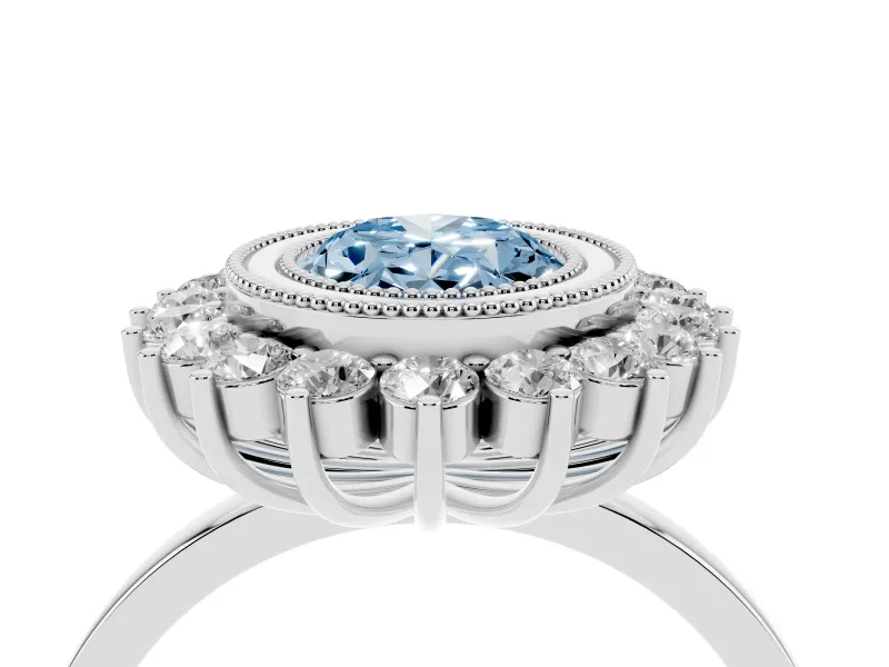 Fancy Blue Oval Cut Diamond Halo Ring Set in Silver with Milgrain Edge and Round Prong Setting
