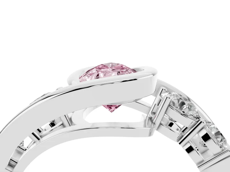 Fancy Pink Pear Cut Diamond Bezel Bypass Ring Set in Platinum with Round Accents