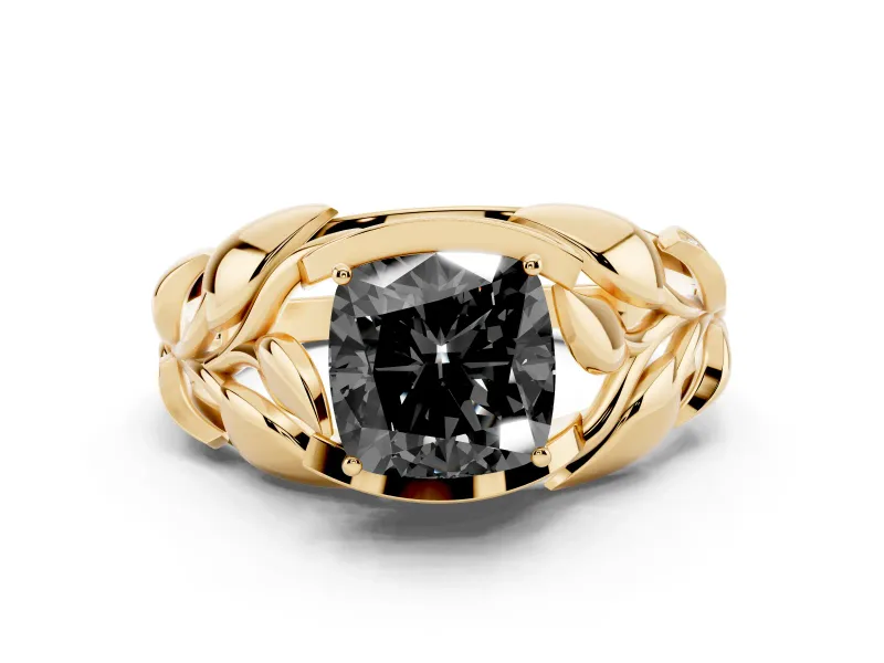 Fancy Black Cushion Cut Diamond Leaf-Inspired Engagement Ring Set in Yellow gold with Round Accents