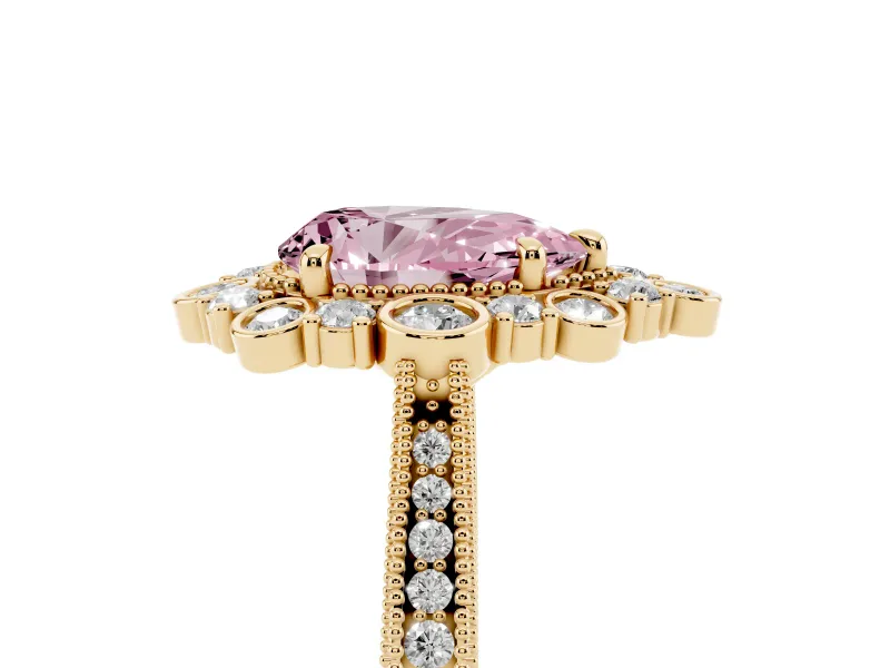 Fancy Pink Pear Cut Diamond Halo Milgrain Pavé Ring Set in Yellow gold with Prong Setting