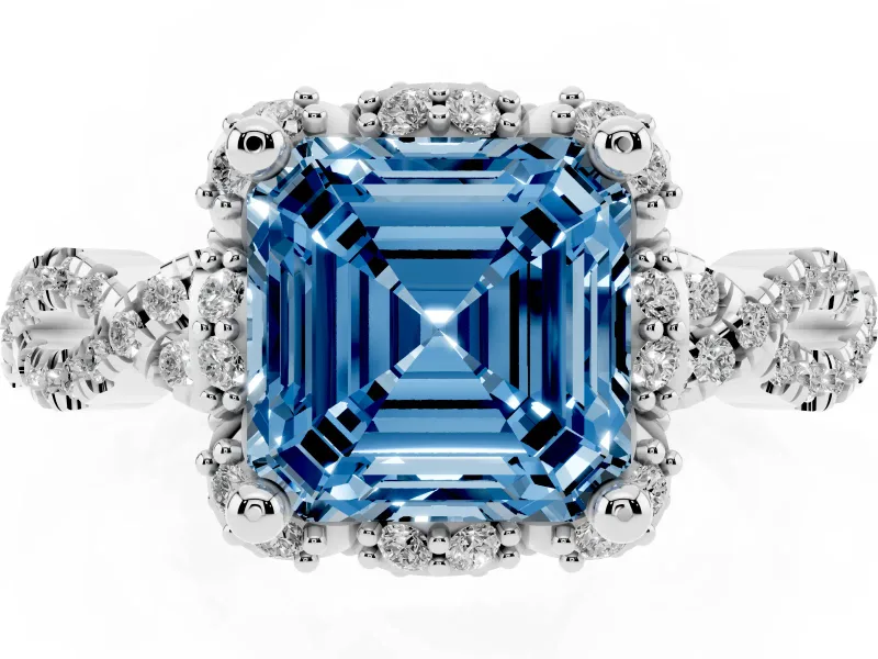 Asscher Cut Milgrain Halo Engagement Ring Setting for a Fancy Blue Lab-Grown Diamond | Graduated Shoulders | White Gold