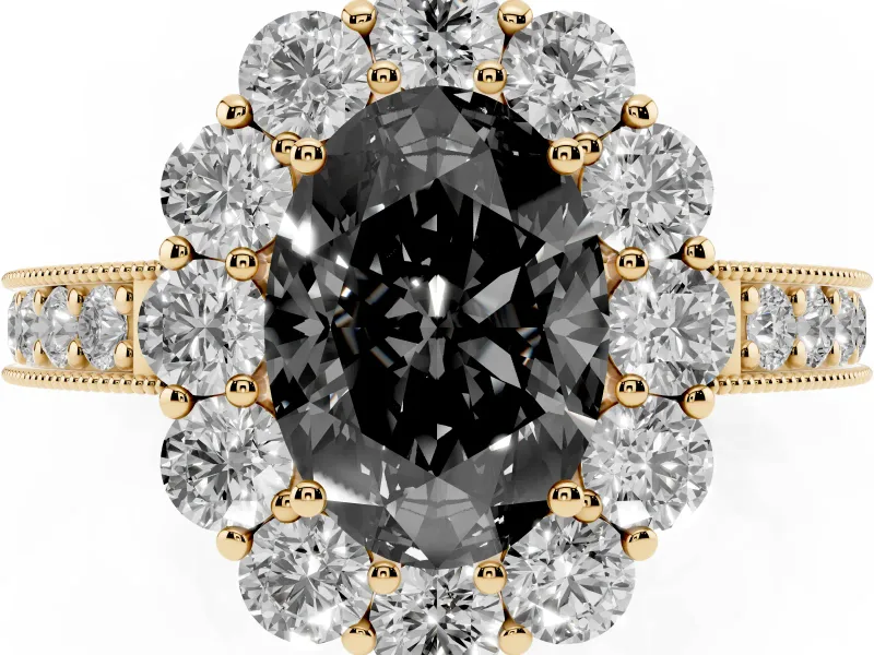Oval Vintage Halo Engagement Ring Setting for a Black Center | Milgrain Channel Band | Yellow Gold