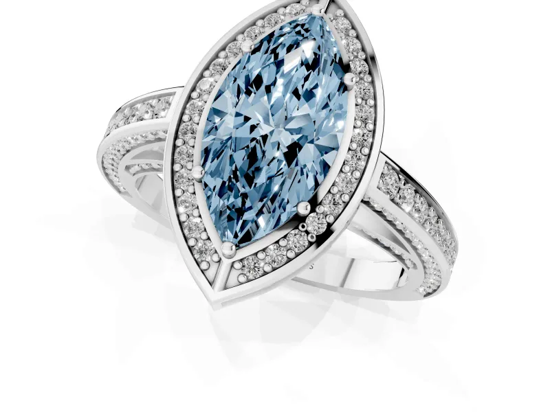 Fancy Blue Marquise Cut Diamond Halo Pavé Split Shank Ring Set in Platinum with Prong Setting
