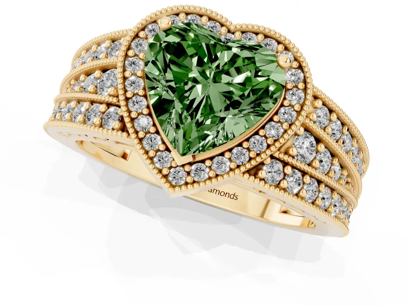 Fancy Green Heart Cut Diamond Halo Ring Set in Yellow gold with Accent Split Shank and Prong Setting