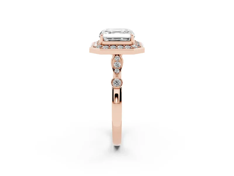 Asscher Cut Vintage Halo Engagement Ring Setting | Bezel Station Shoulders | Rose Gold