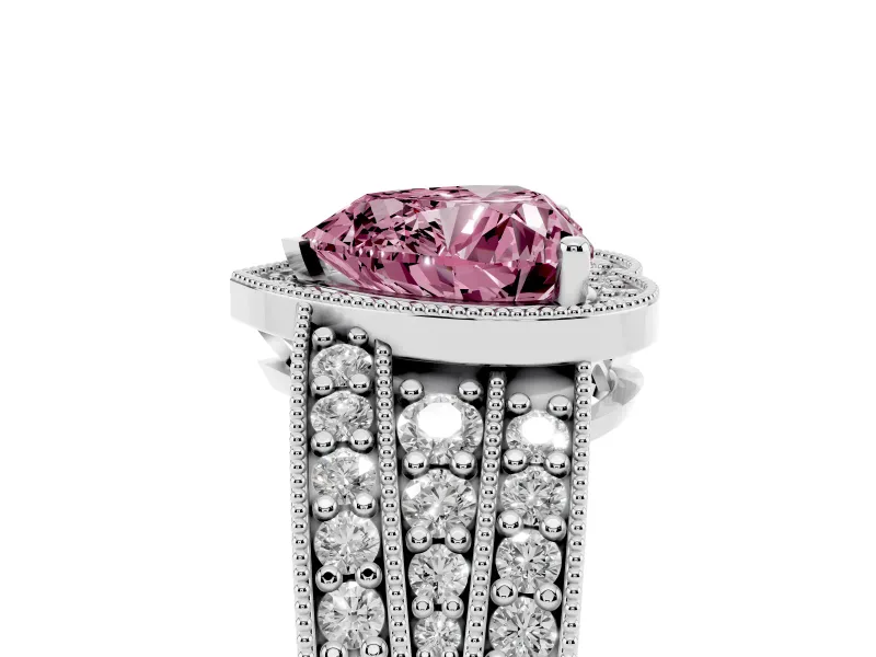 Fancy Pink Heart Cut Diamond Halo Ring Set in White gold with Accent Split Shank and Prong Setting