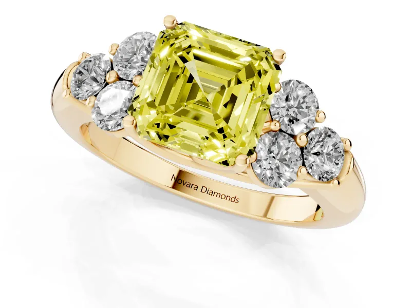 Fancy Yellow Asscher Cut Diamond Cluster Ring Set in Yellow gold with Round Accent Stones and Prong Setting on a Plain Band