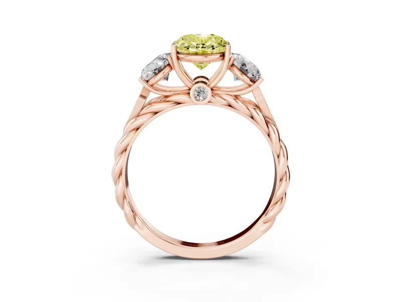 Fancy Yellow Oval Cut Diamond Three-Stone Ring Set in Rose gold with Braided Band