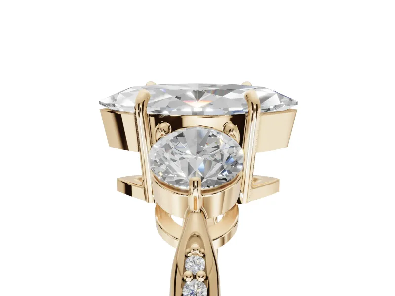 Marquise Three Stone Engagement Ring Setting | Tapered Pave Band | Yellow Gold