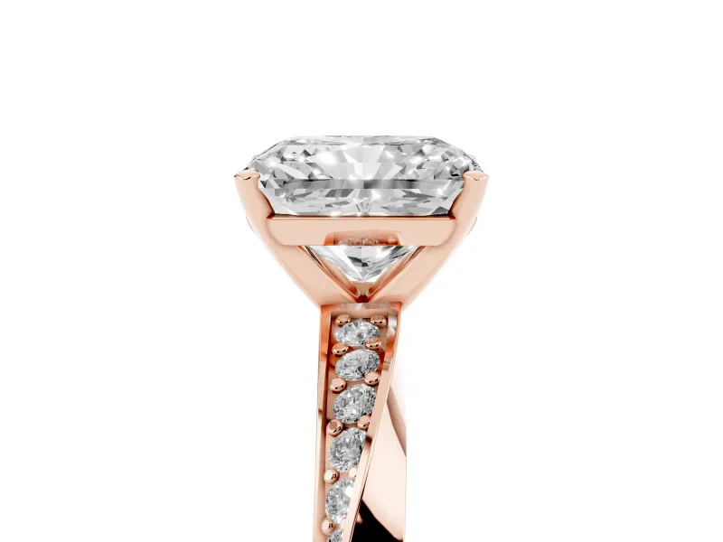 Radiant Cut Diamond Engagement Ring Set in Rose gold with Side Stone Accents and Prong Setting