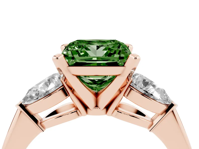 Fancy Green Three-Stone Princess Cut Diamond Ring Set in Rose gold with Pear Side Stones and Prong Setting