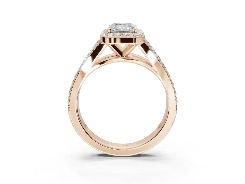 Emerald Cut Halo Pavé Engagement Ring Setting | Narrow Split Shank | Rose Gold