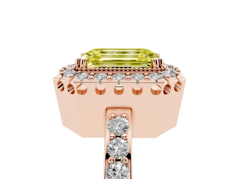 Emerald Cut Milgrain Halo Engagement Ring Setting for a Fancy Yellow Lab-Grown Diamond | Pavé Shoulders | Rose Gold