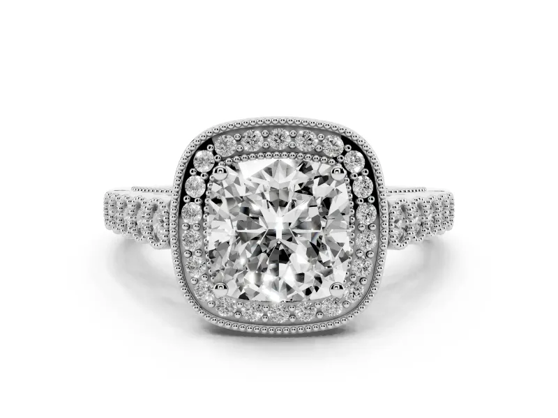 Cushion Cut Diamond Milgrain Halo Solitaire Ring Set in Silver with Bezel Set Side Stones and Pavé Band