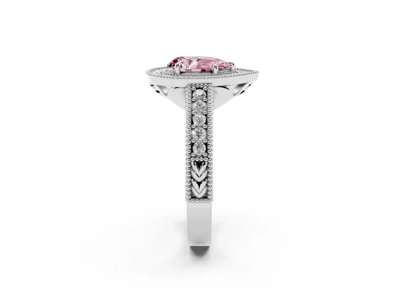 Fancy Pink Pear Cut Diamond Halo Ring Set in White gold with Round Accent Halo, Pavé Band and Prong Setting
