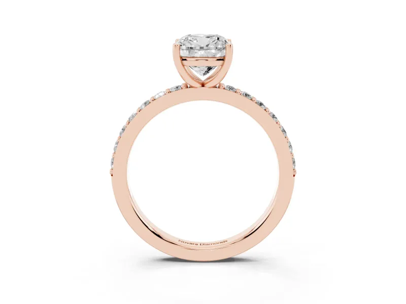 Cushion Cut Diamond Solitaire Set in Rose gold with Round Pavé Band and Prong Setting