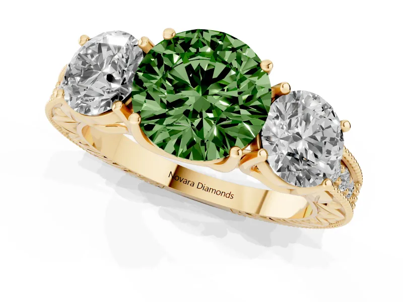 Round Vintage Three Stone Engagement Ring Setting for a Fancy Green Lab-Grown Diamond | Yellow Gold