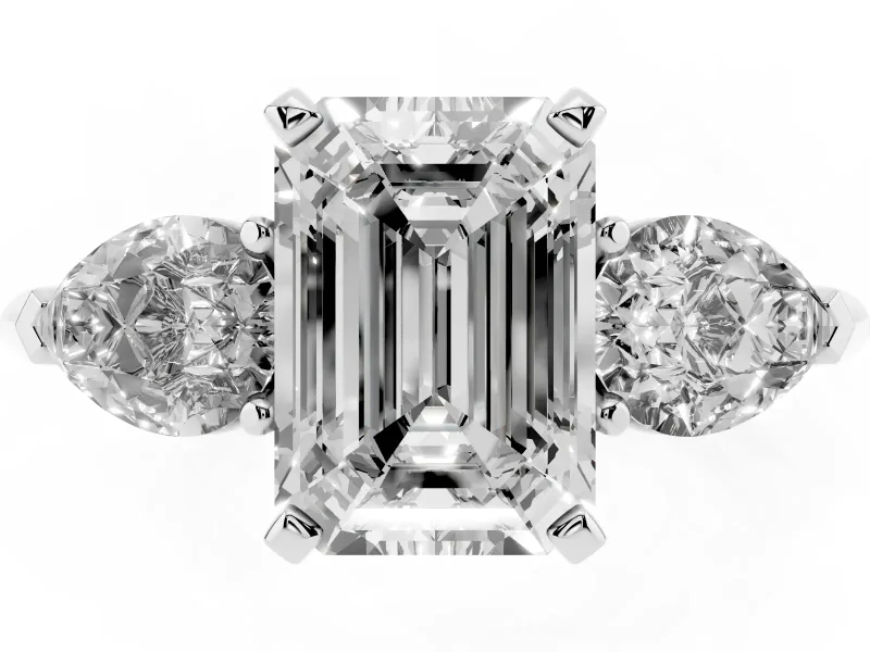 Three-Stone Emerald Cut Diamond Ring Set in Silver with Pear Side Stones and Prong Setting