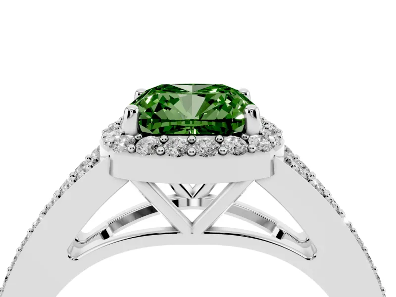 Fancy Green Cushion Cut Diamond Halo Split Shank Pavé Ring Set in Silver with Prong Setting
