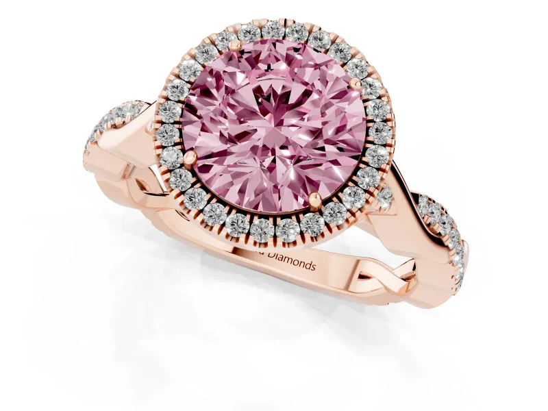 Round Halo Engagement Ring Setting for a Fancy Pink Lab-Grown Diamond | Pavé Twist Band | Rose Gold